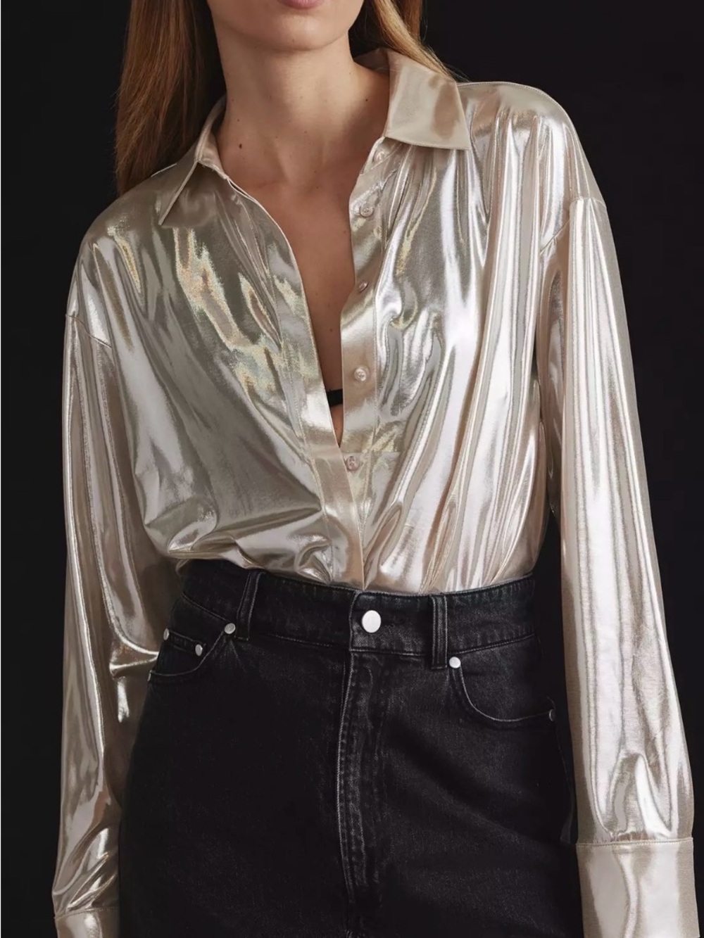 Anthropologie Metallic Champagne Gillian Liquid Shine Button-Up Shirt - Women